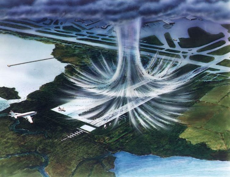 A NASA artist's rendering of a downburst.