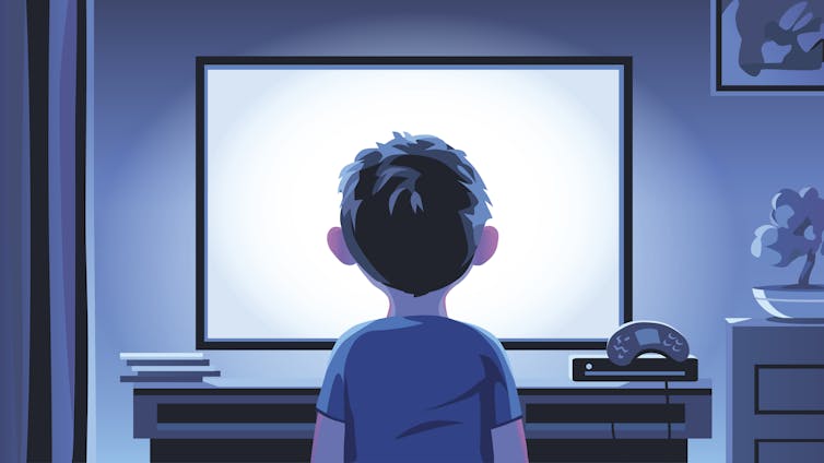 Illustration of a boy watching TV at night alone