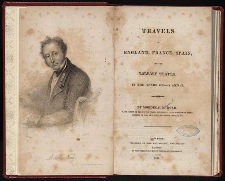 Two pages from a faded book, with a black and white sketch of a man in a jacket and bow tie on the left side.