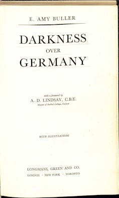 The inside cover of a book title Darkness Over Germany