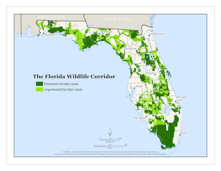 A map of the state of Florida with about half of the surface area shaded light and dark green