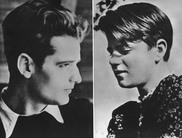 A black and white mugshot of two young people, placed next to one another.