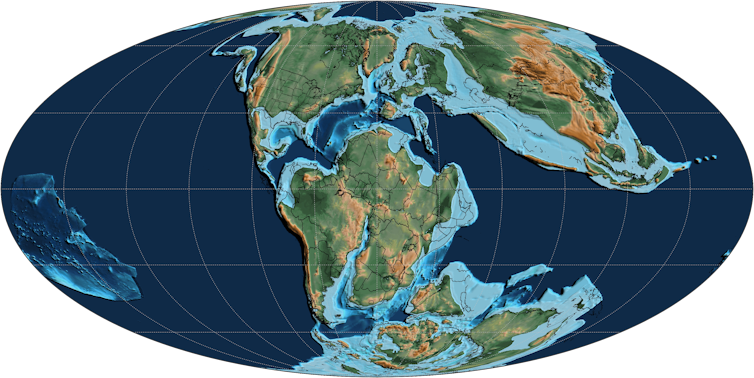 A map of Earth with the continents clustered together.