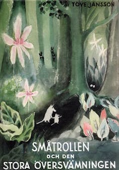 Colourful front cover of The Moomins and the Great Flood.
