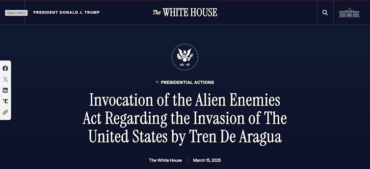 A screenshot of the top of a presidential declaration headlined 'Invocation of the Alien Enemies Act Regarding the Invasion of The United States by Tren De Aragua.'