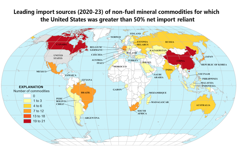 Map shows Canada and China are the largest sources of imports of critical materials.