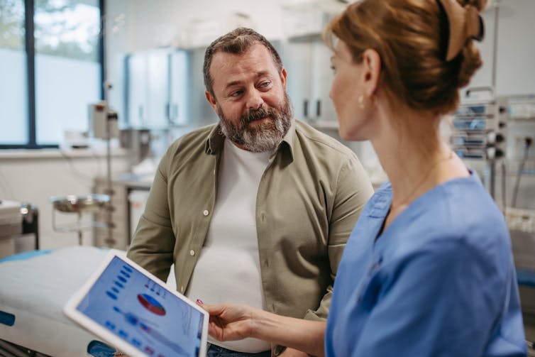 Clinician talking to her patient about his cardiovascular disease risk.