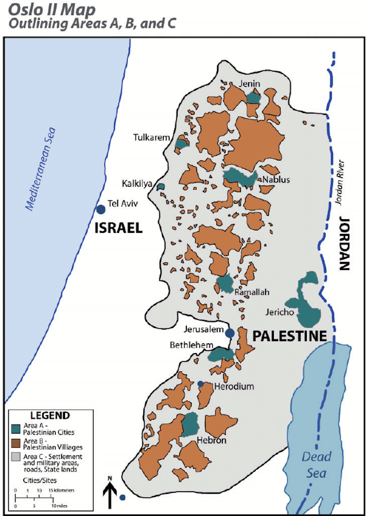 Oslo accord map showing the breakdown of control on the West Bank.