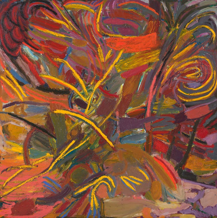 An abstract, colourful painting.