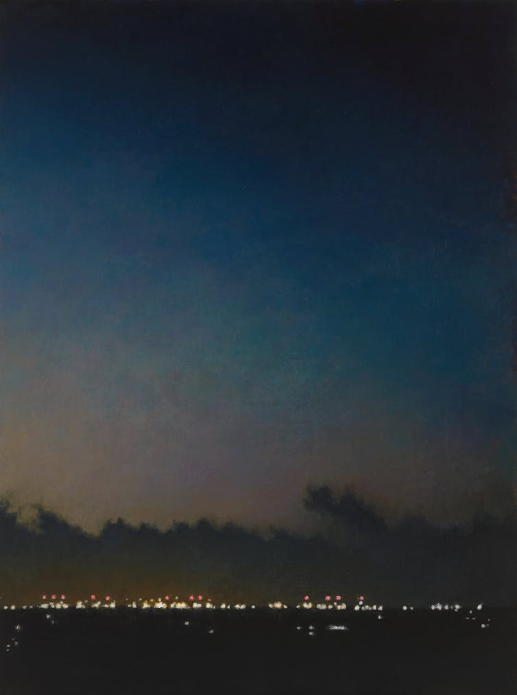 Painting of a large sky over a thin strip of lights.