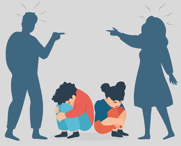 Kids crying, standing between two screaming adults.