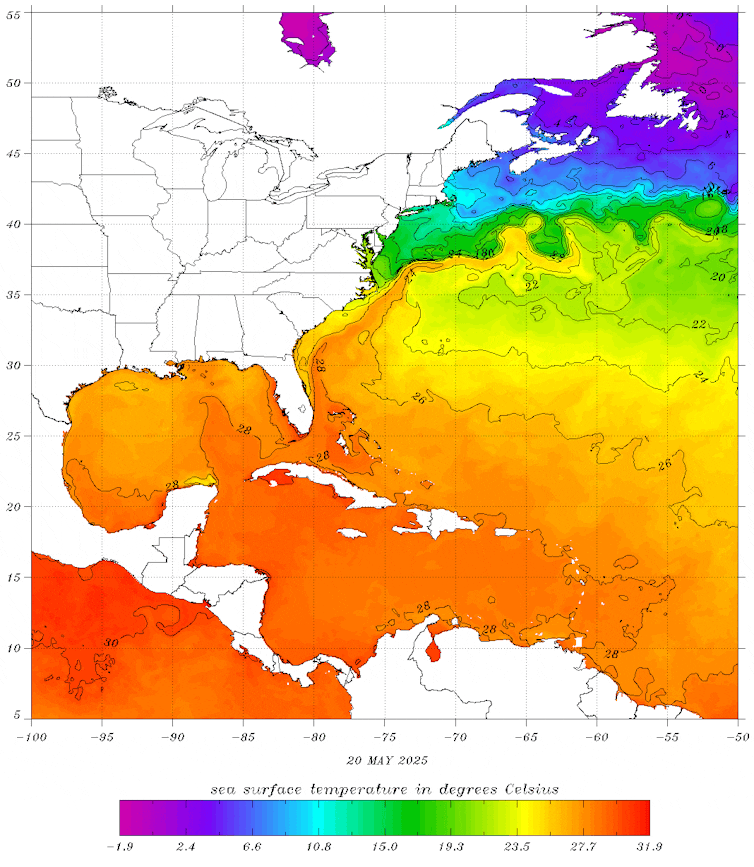 A map of the Gulf, Caribbean and North Atlantic shows sea surface temperatures above 79 in much of the region. The Caribbean is warmer, and the Atlantic gets cooler farther from shore.